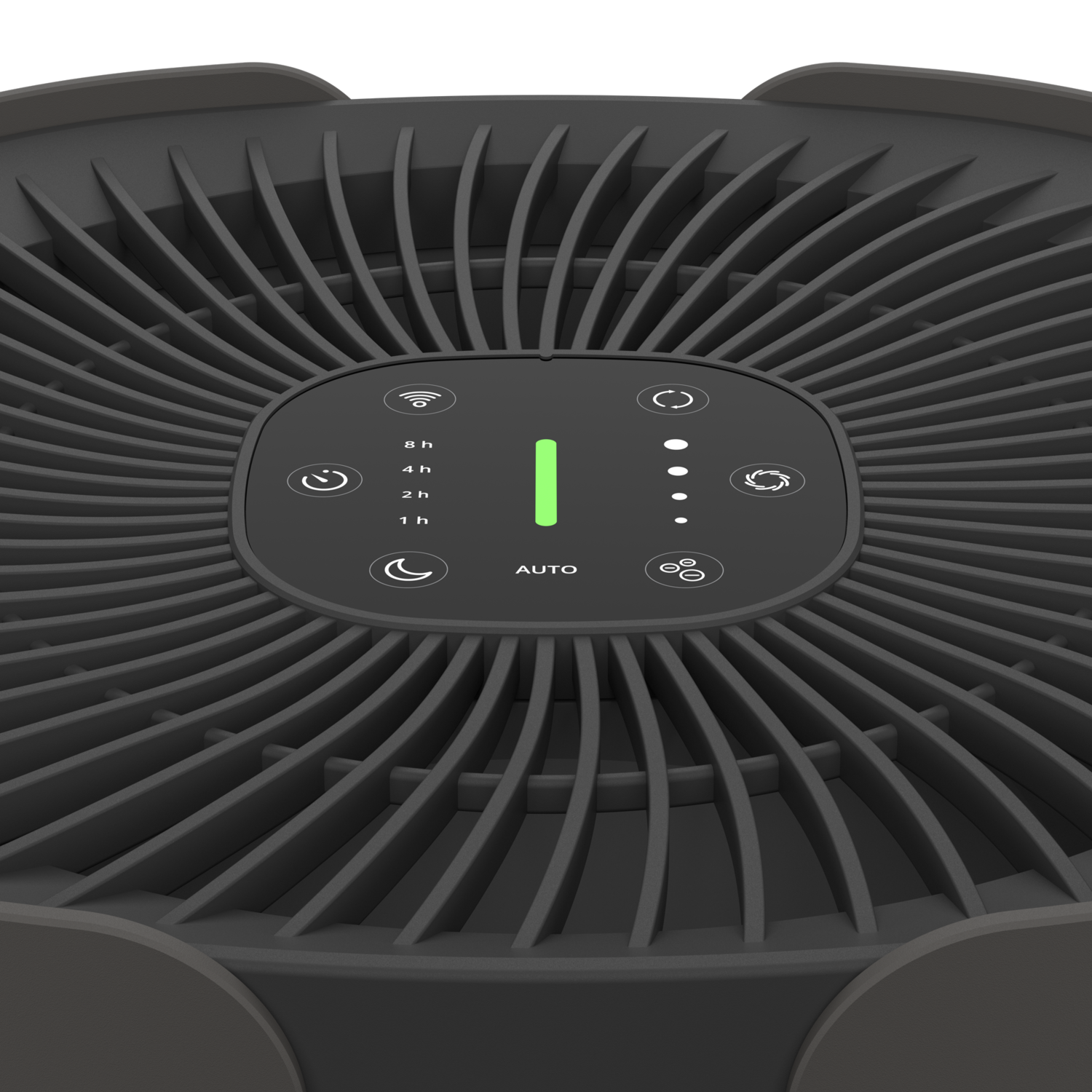 Gray air purifier with control panel showing fan blades and various settings.