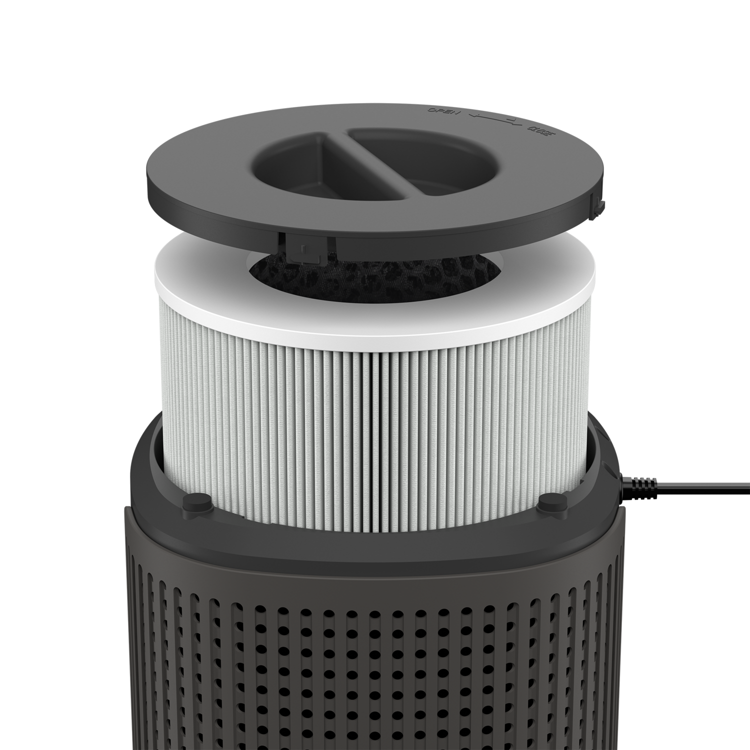 An air purifier's disassembled filter components on a dark background.