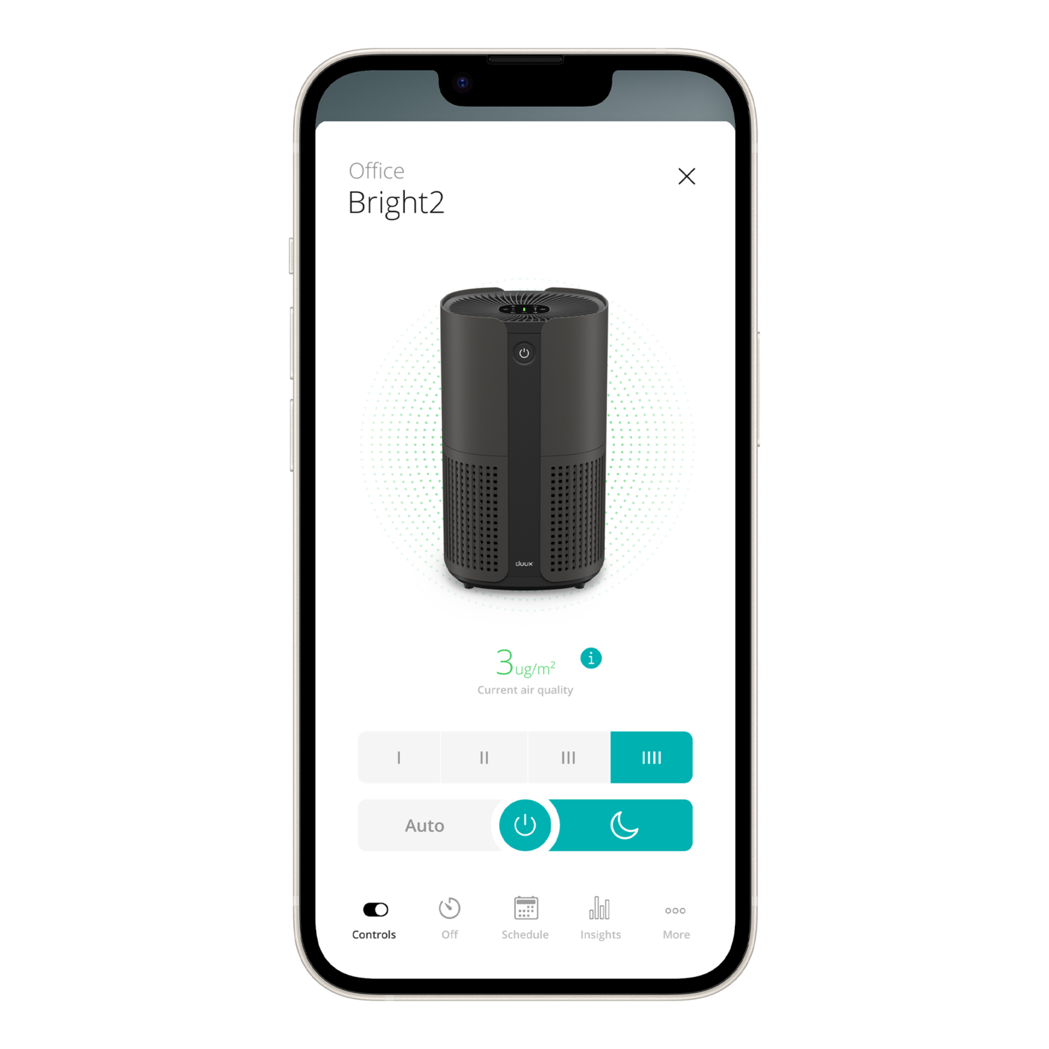 A smartphone display showing an app with a black air purifier.