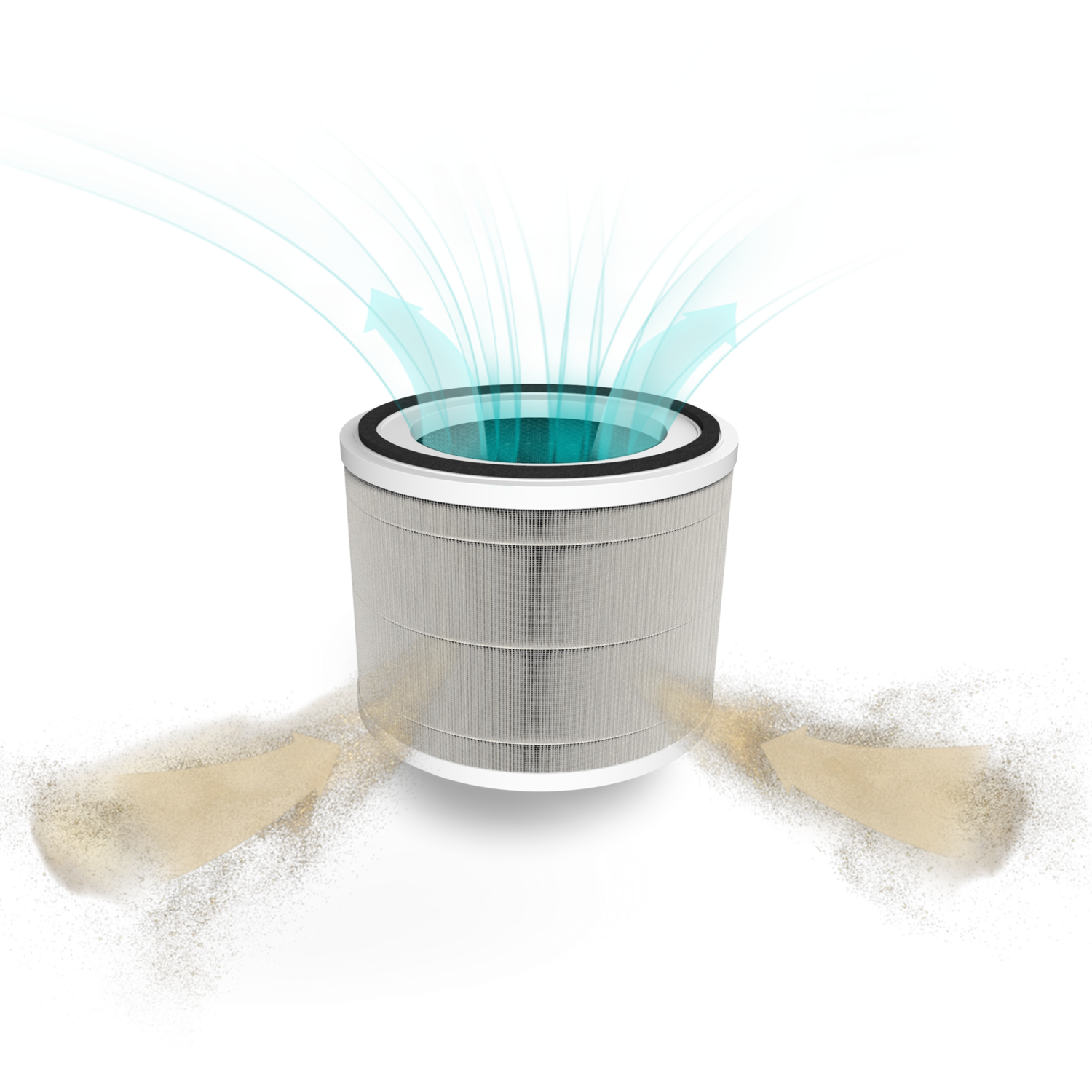 Air purifier with a filter and blue air flow lines, with particles shown being filtered.