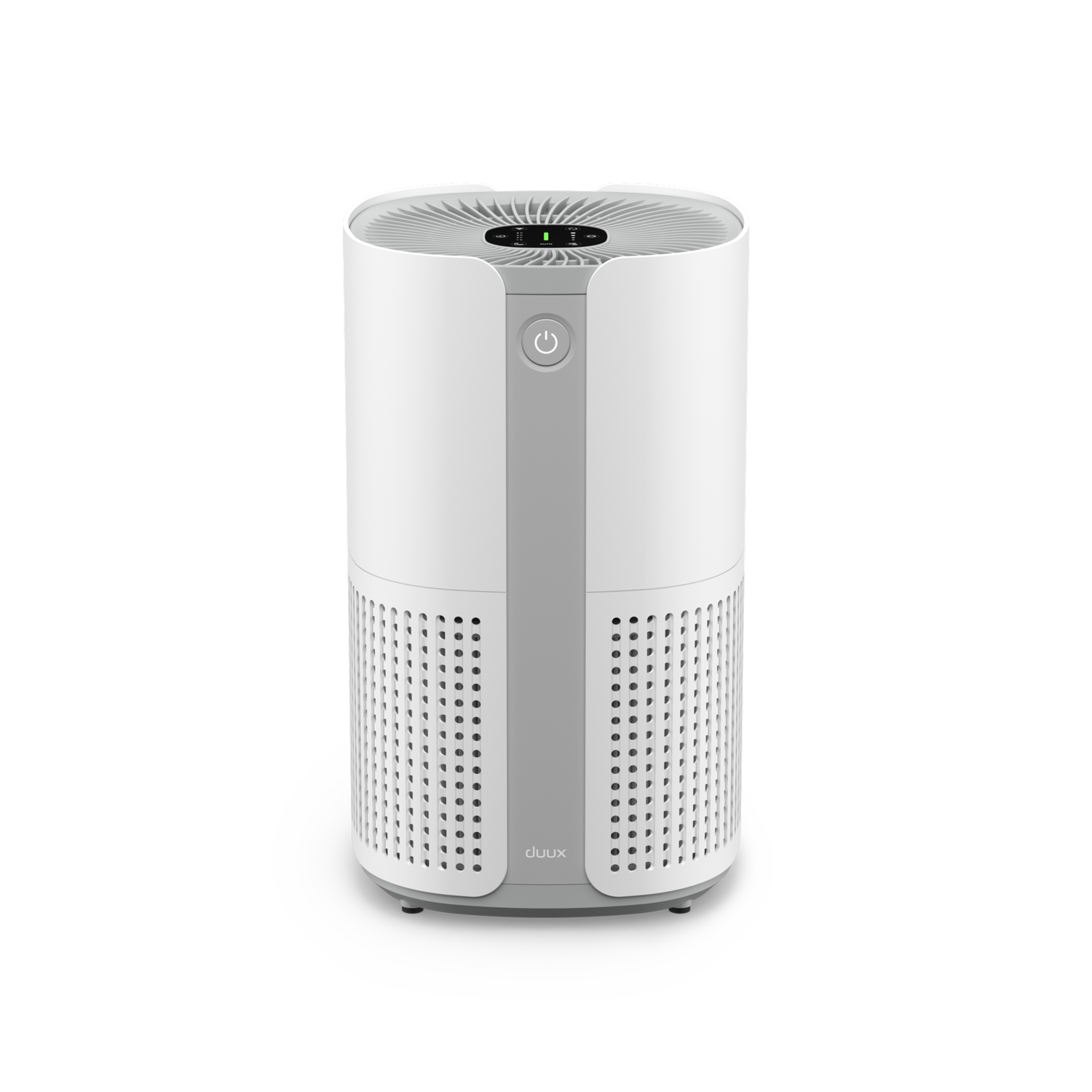 White and grey air purifier with a power button and ventilation holes.