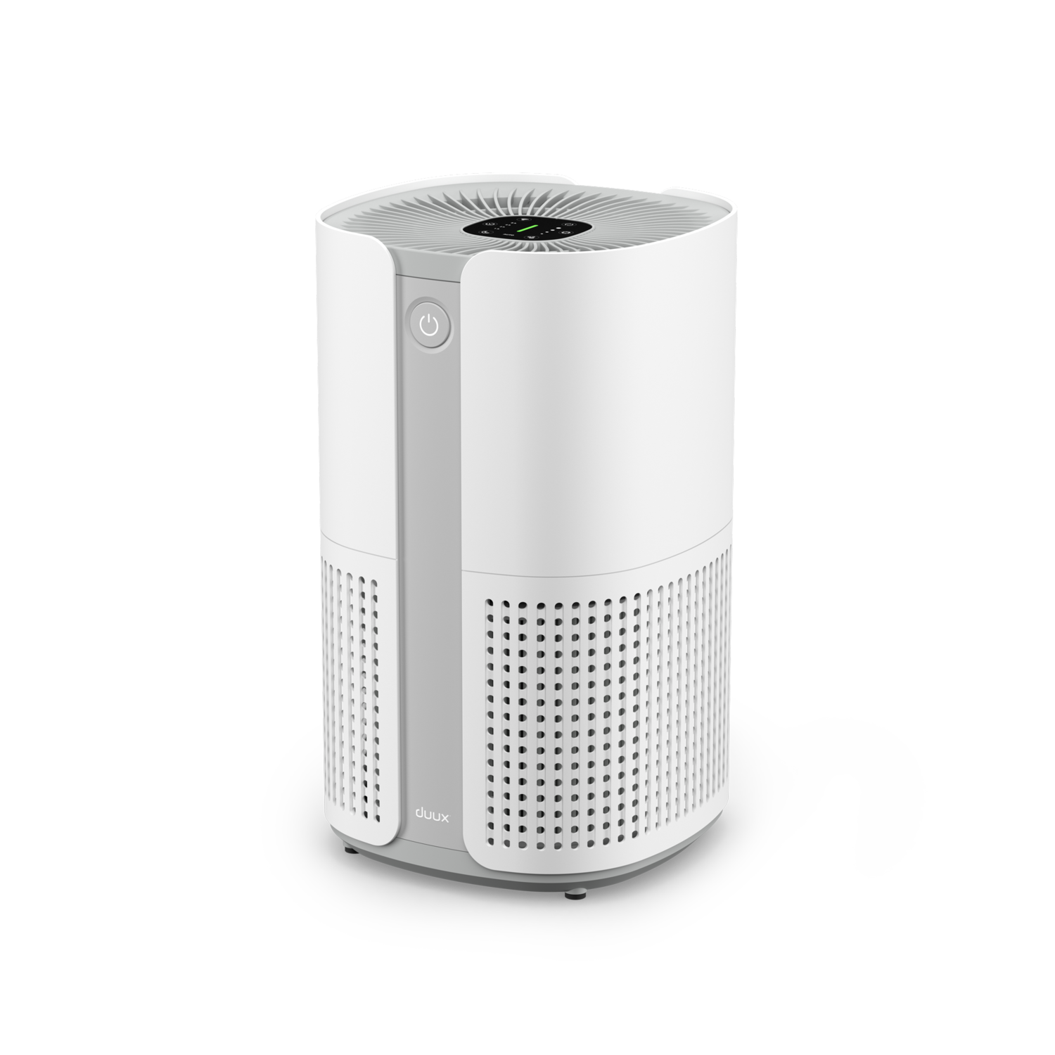 White air purifier with a gray stripe. It has a power button and a circular top.