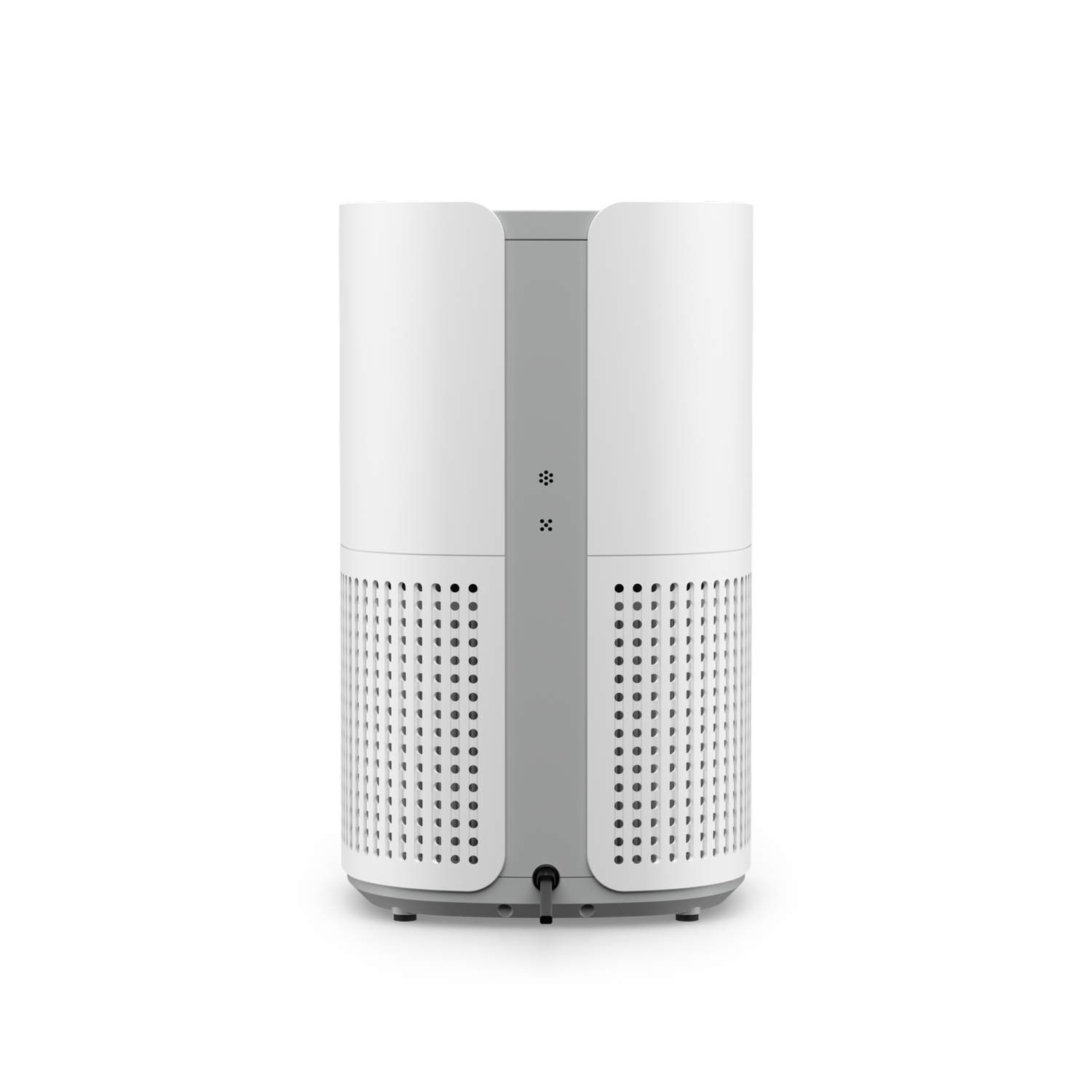 White and gray air purifier. Perforated sides, buttons and a power port at the back.