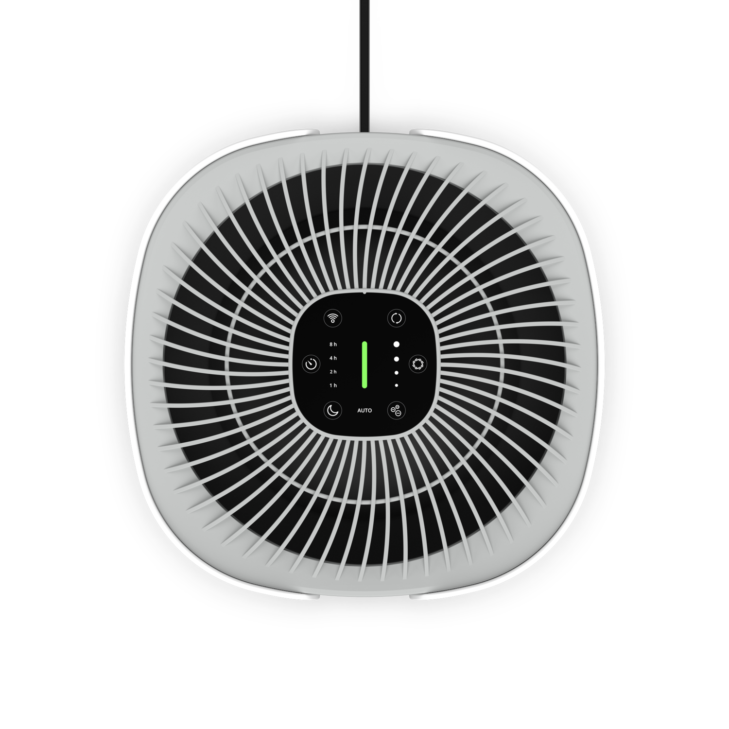 A white air purifier, top view, with control panel and fan blades.