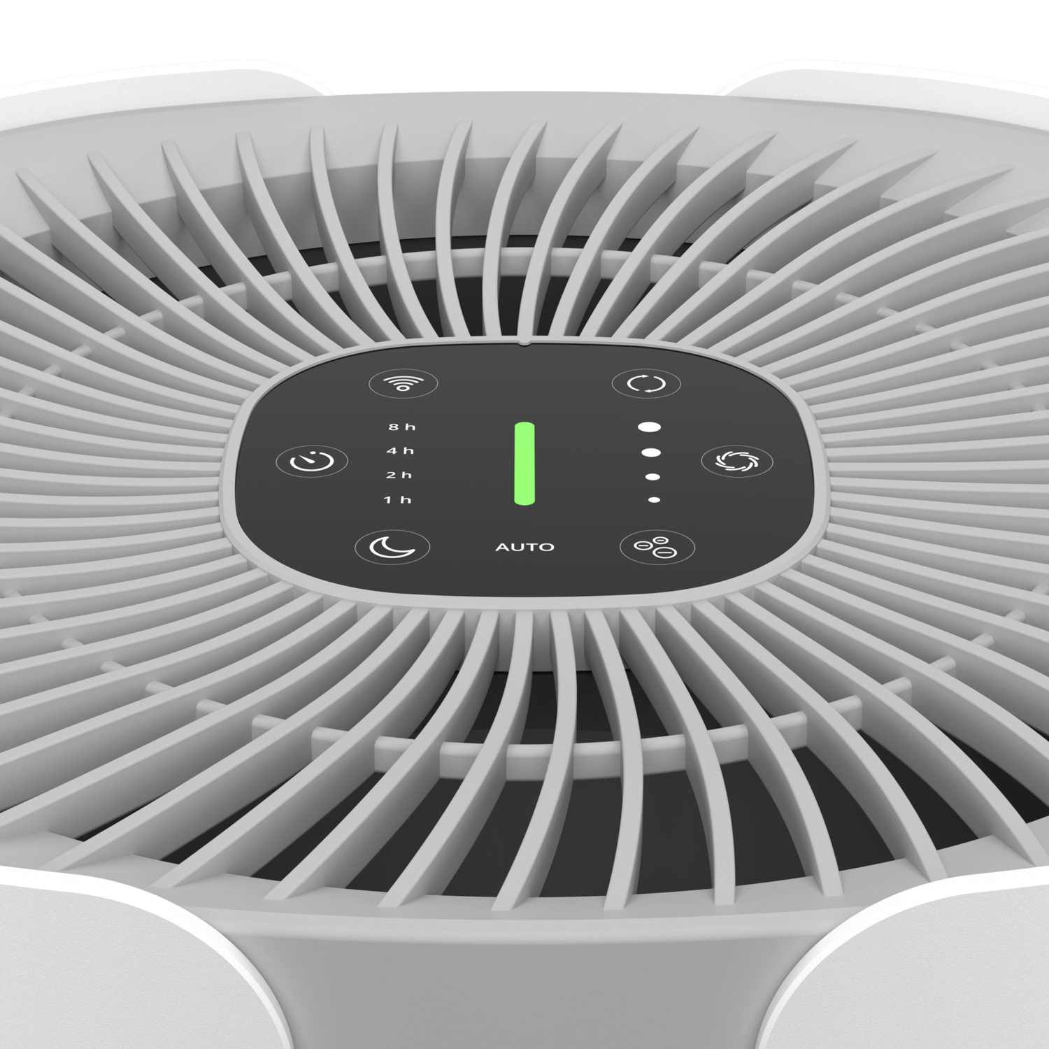 Close-up of a white and gray air purifier with a black control panel.