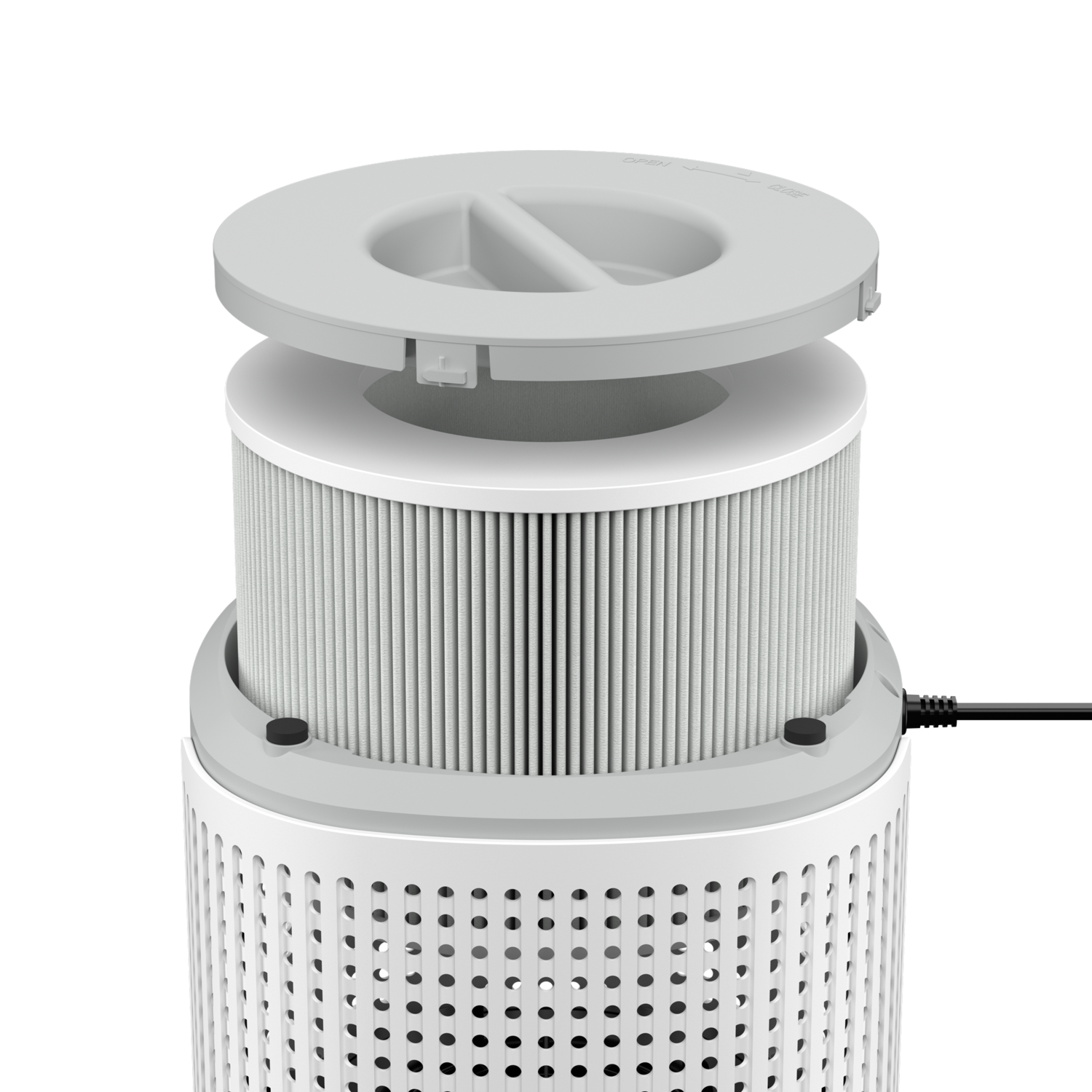 A white air purifier with a filter and top open.