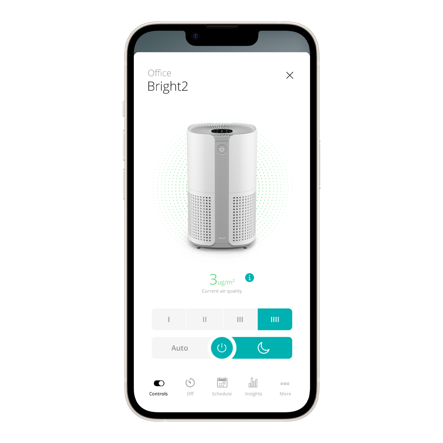 A smartphone shows an app with an air purifier and its settings on the screen.