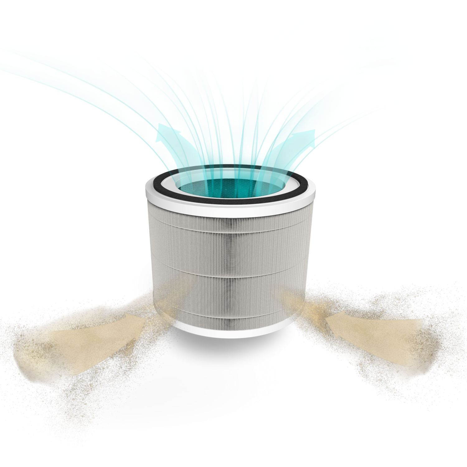 Air purifier with filter and air flow illustration. Brown particles and turquoise air flow.