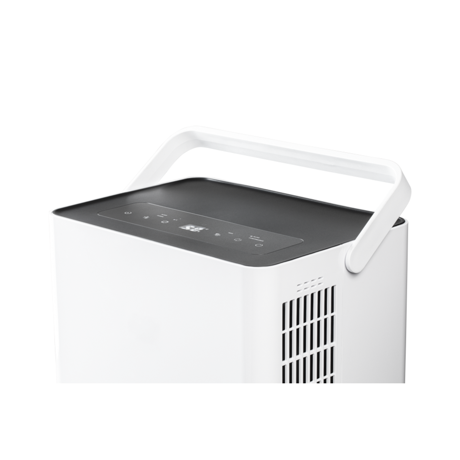 Een witte luchtreiniger met een handvat en bedieningspaneel aan de bovenkant.