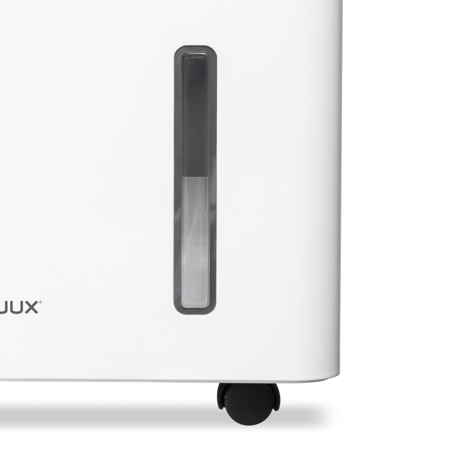 Witte luchtreiniger, met een waterniveau-indicator en een zwart wiel. Strak en modern design.