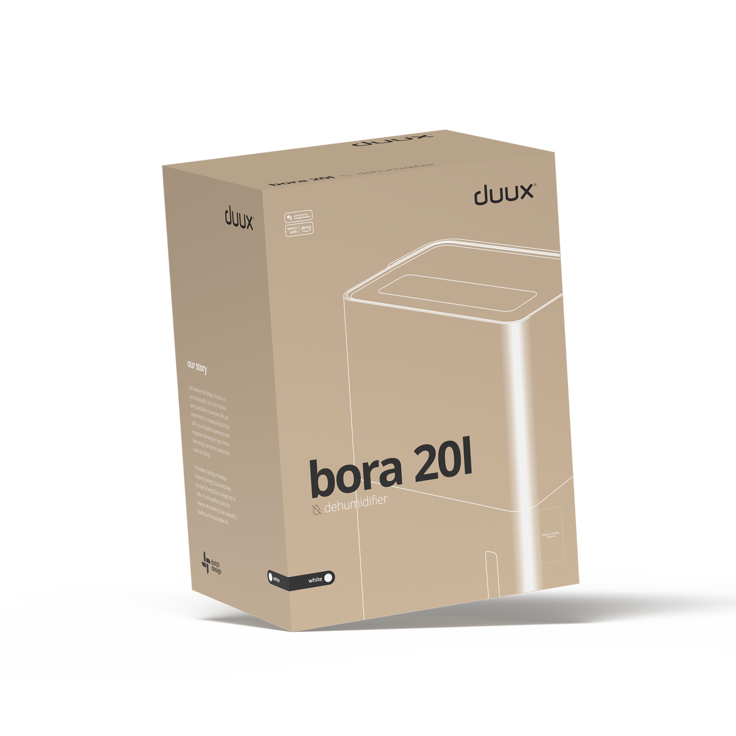 Een bruine doos met het opschrift 'duux bora 20l ontvochtiger' staat op een wit oppervlak. De doos staat schuin en heeft een afbeelding.