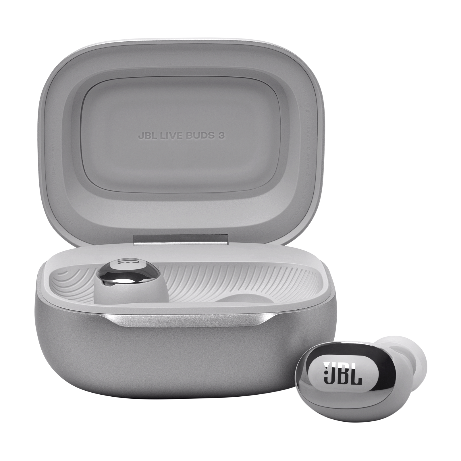 Açık gri JBL Live Buds 3 kutusu içinde bir kulaklık ve dışında başka bir kulaklık.