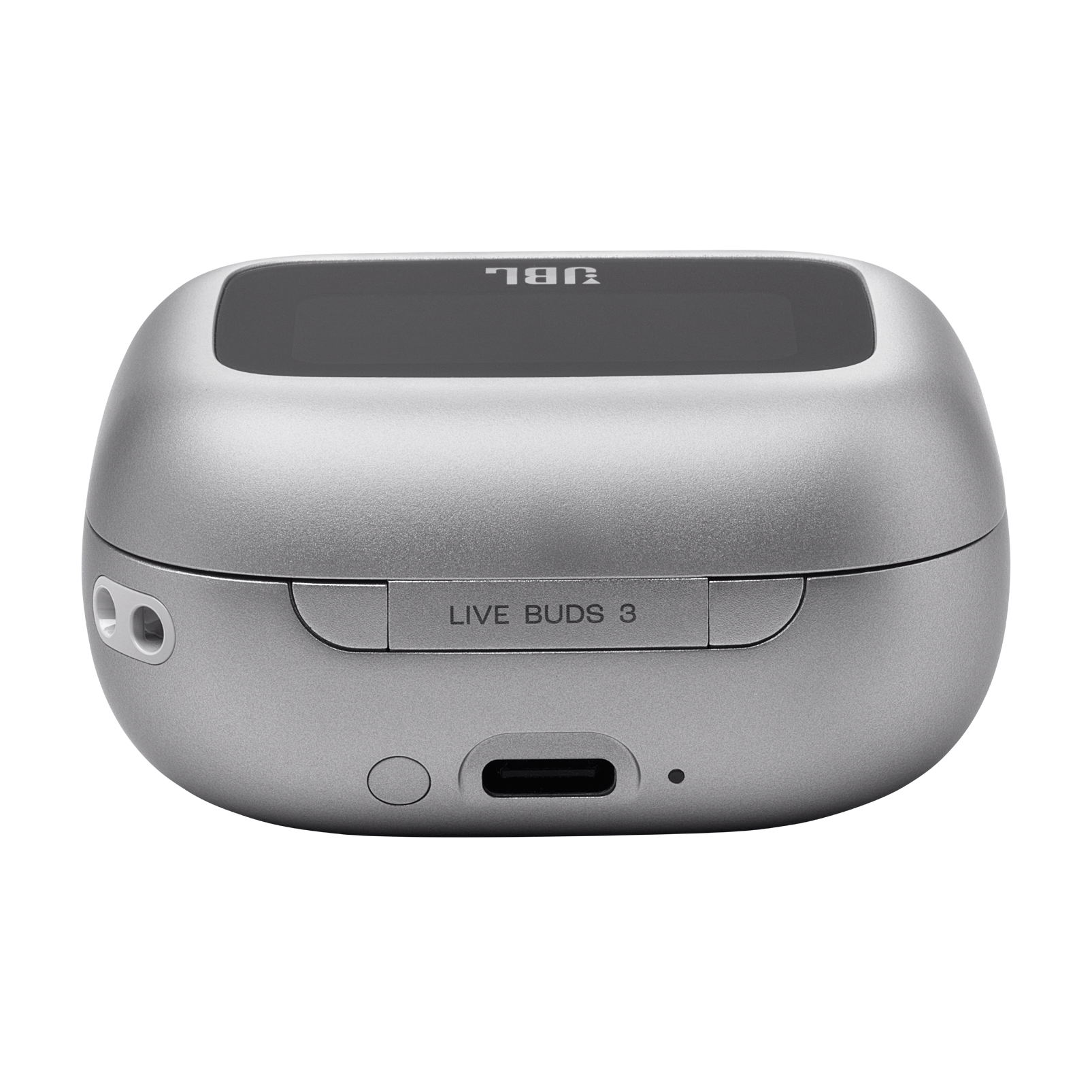 Gümüş bir şarj kutusu, JBL markası, ön yüzünde 'LIVE BUDS 3' yazısı görünür.