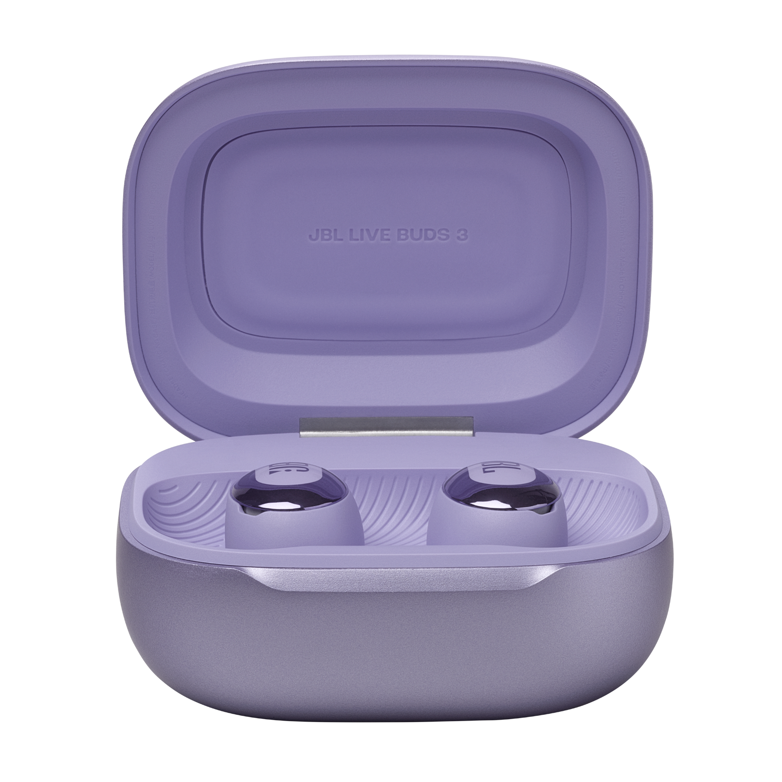 Siyah arka planda, açık, eşleşen bir kutuda mor JBL Live Buds 3 kulaklık.