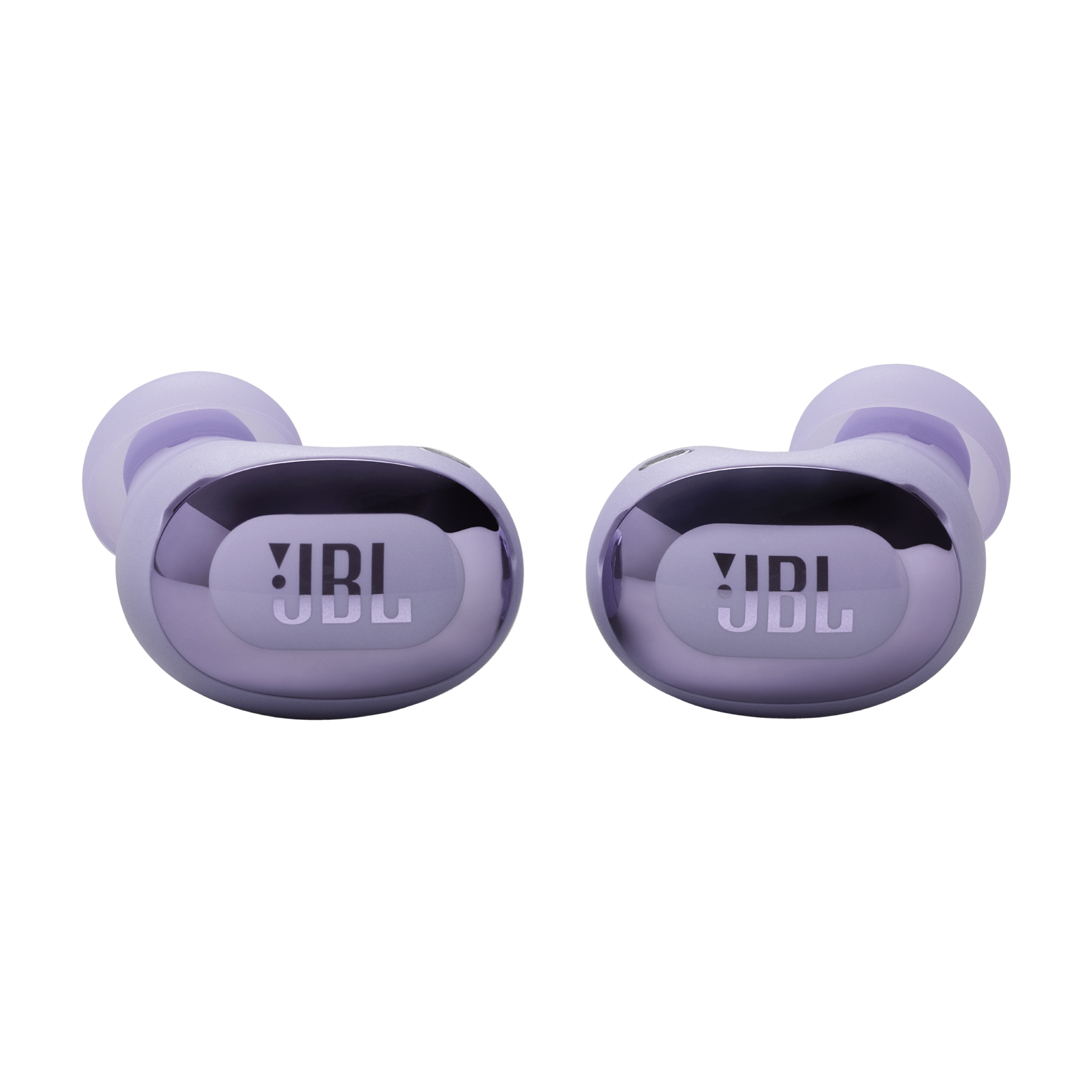 Üzerinde JBL logosu bulunan iki mor kulaklık.