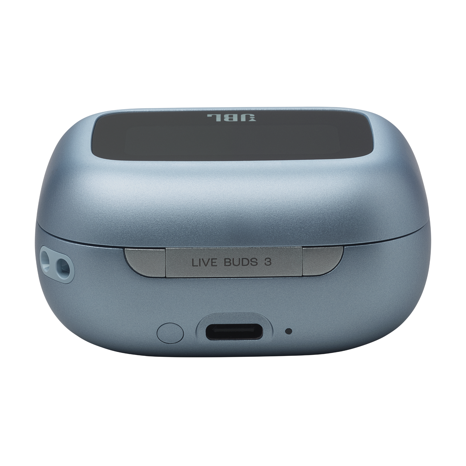 Mavi JBL Live Buds 3 şarj kutusu, 'LIVE BUDS 3' yazıyor.