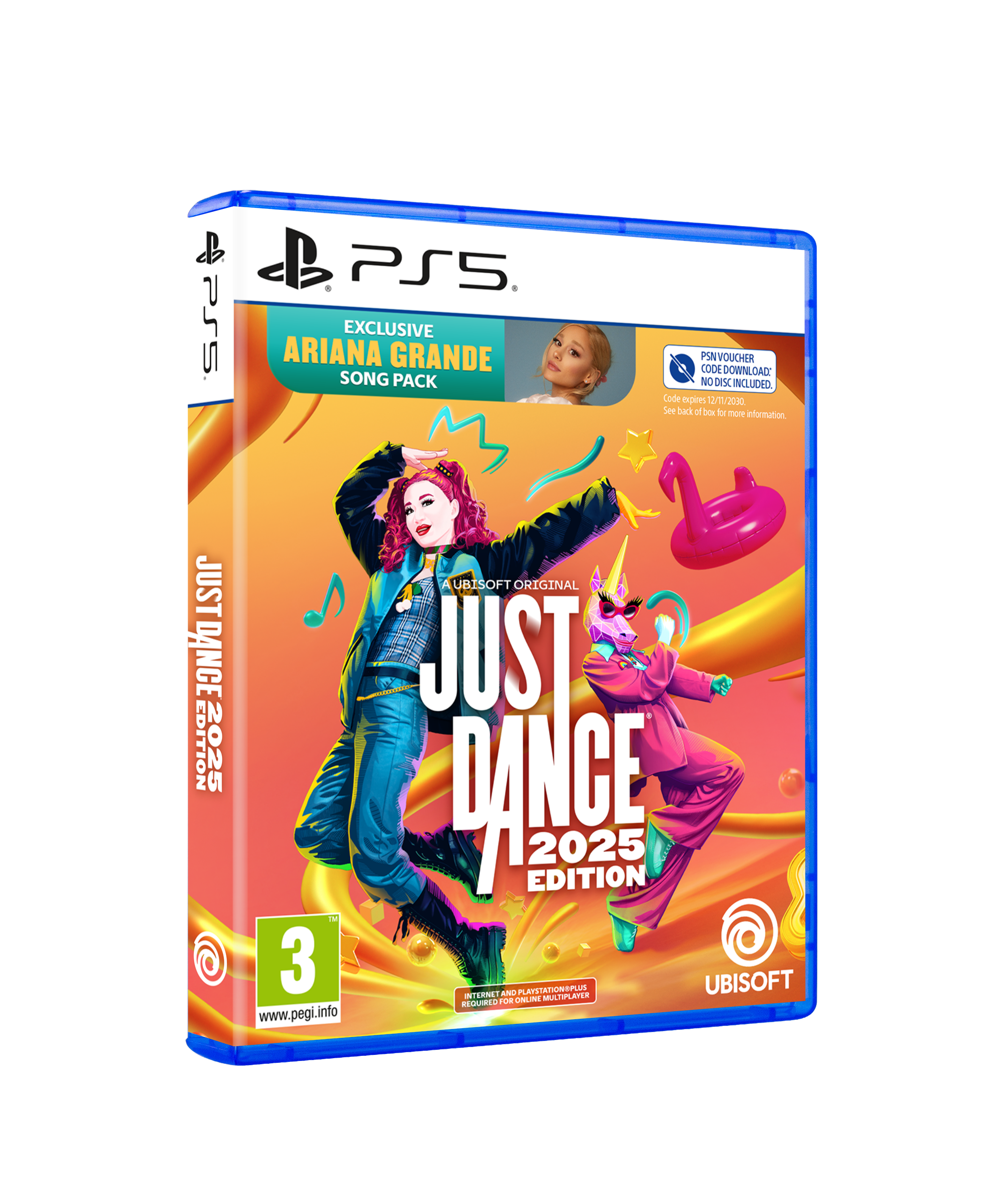 Eine PlayStation 5 Spielverpackung für die 'Just Dance 2025' Edition, mit Ariana Grande.