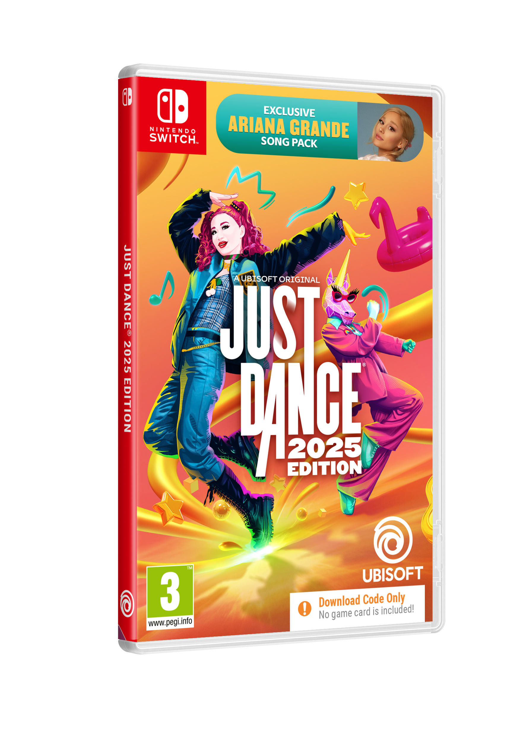 Eine Nintendo Switch Spielbox: Just Dance 2025 Edition, mit Ariana Grande.