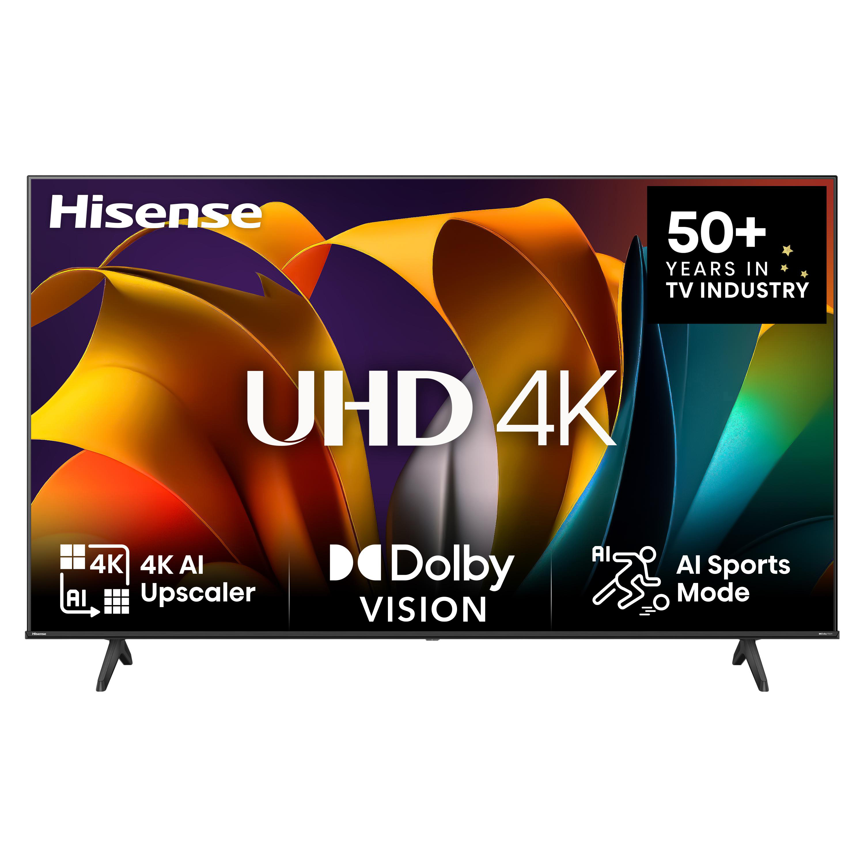 Ein Hisense UHD 4K TV zeigt bunte abstrakte Formen und Text vor weißem Hintergrund.
