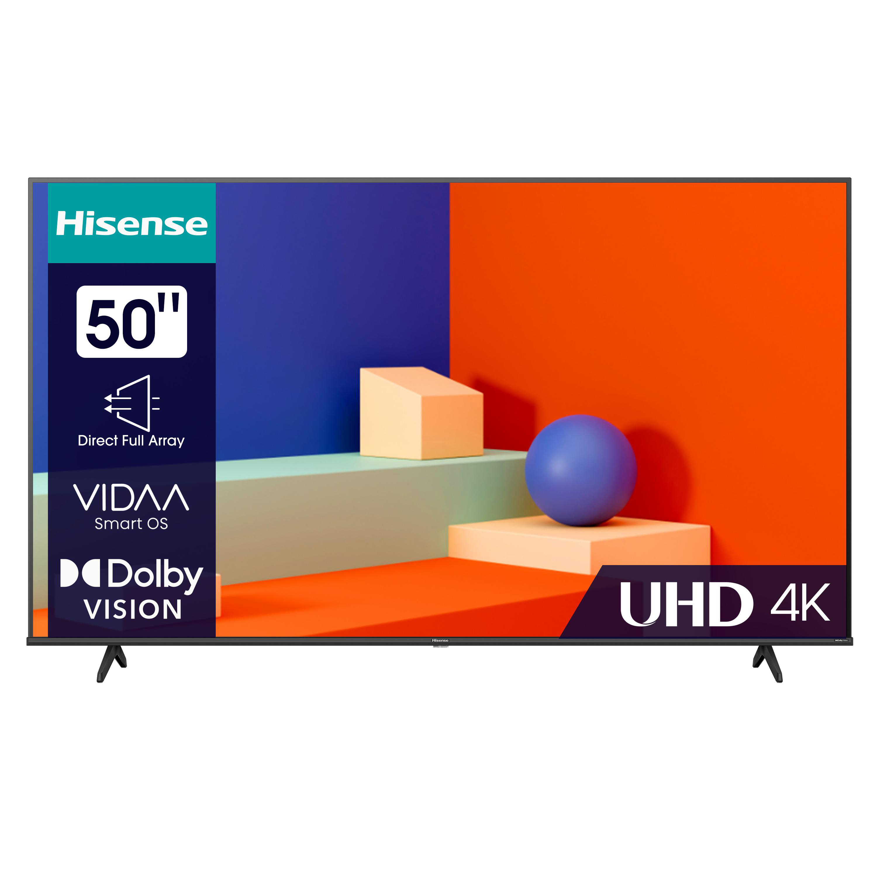 Ein 50-Zoll-Hisense-Fernseher, der einen bunten abstrakten Hintergrund mit einer blauen Kugel zeigt.