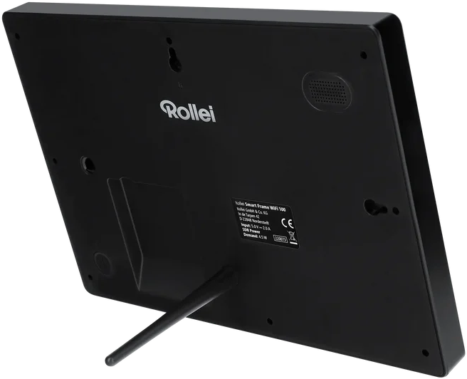 L'arrière d'un Rollei Smart Frame WiFi 100 noir, montrant le support et les étiquettes.