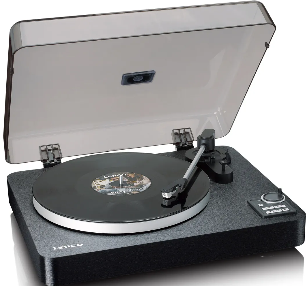 Platine vinyle noire avec vinyle. Dessus ouvert. Fond gris foncé.
