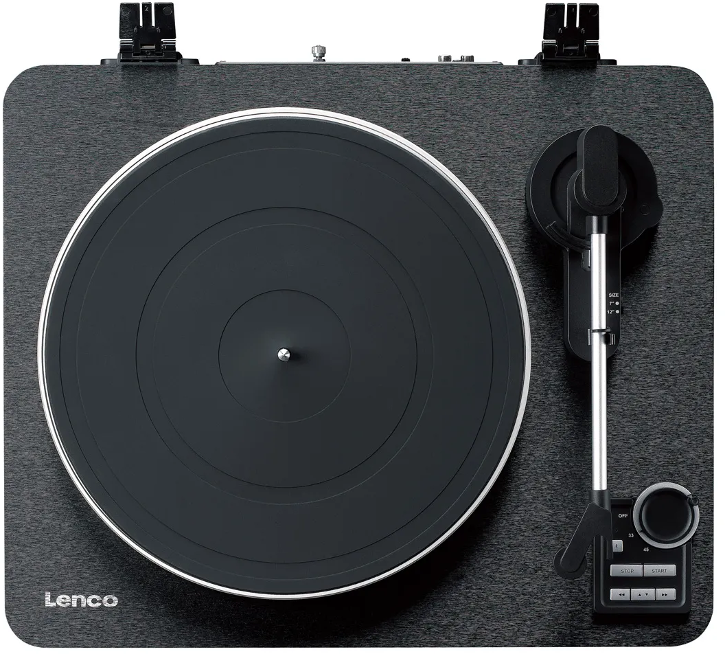 Platine vinyle vue de dessus, noire avec des accents argentés. Bras et commandes.