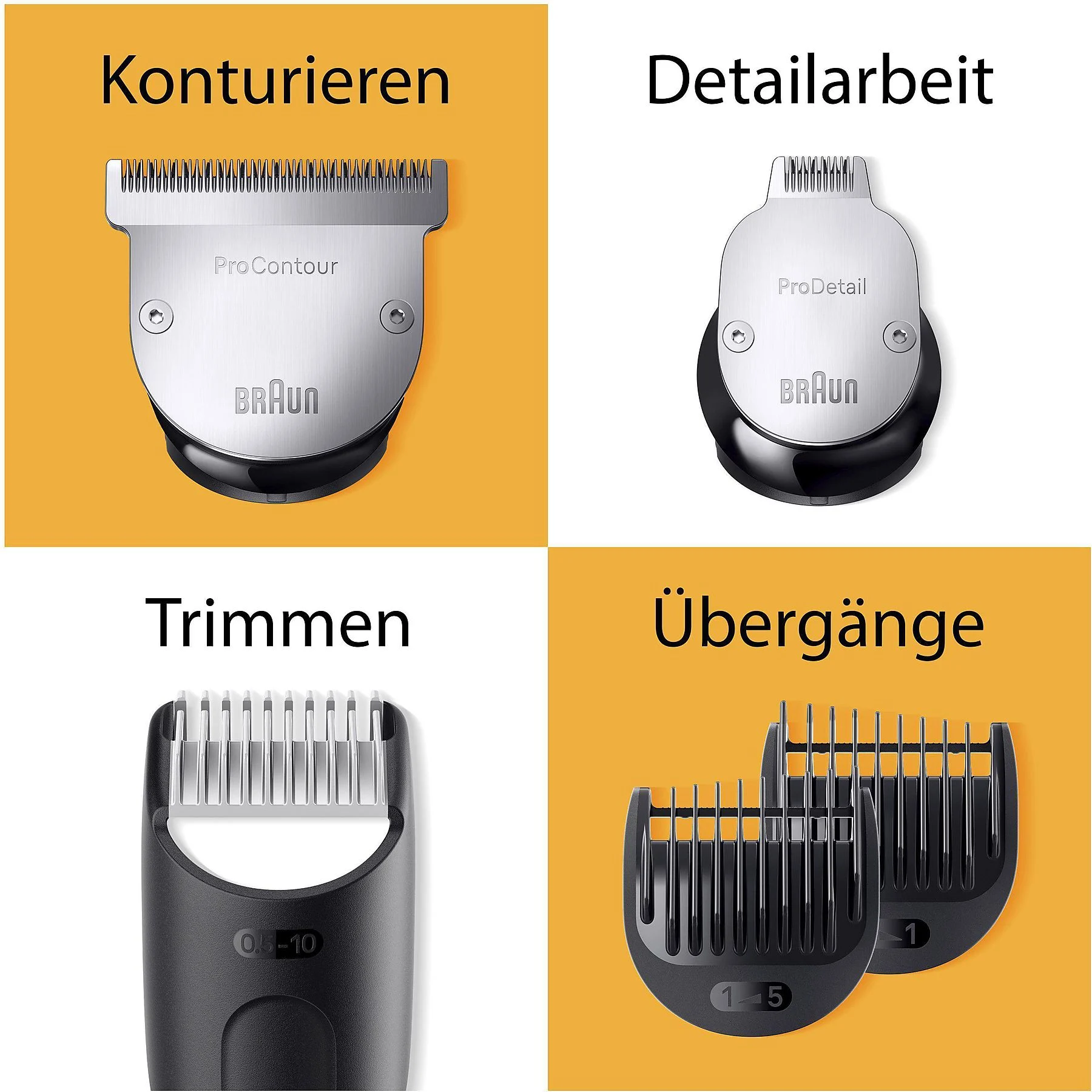 Vier Bilder mit Braun-Rasiererköpfen, beschriftet mit 'Konturieren', 'Detail', 'Trimmen' und 'Übergänge'.