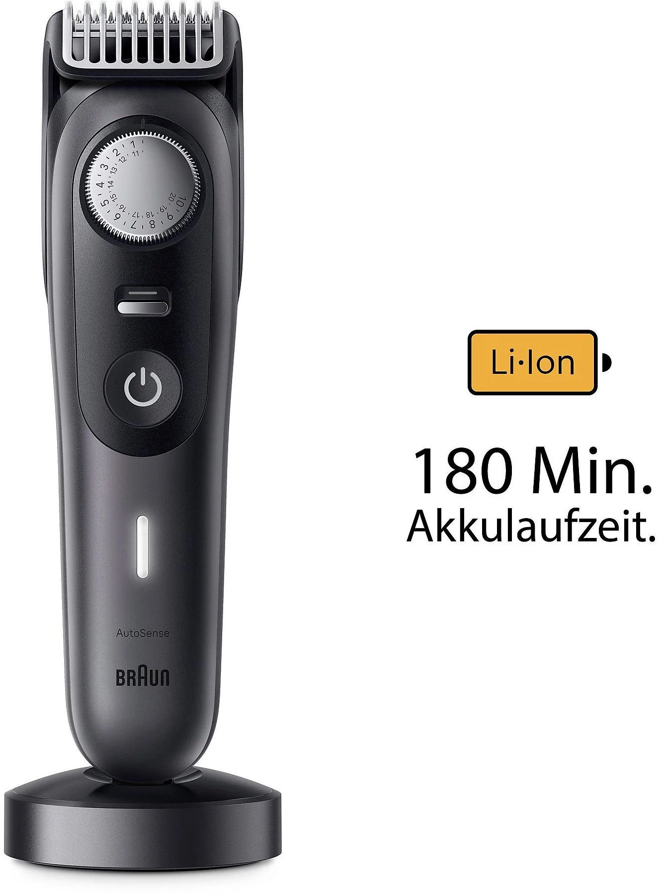 Schwarzer Braun Barttrimmer. Er hat ein Rad, Ein/Aus-Taste und Ladestation.