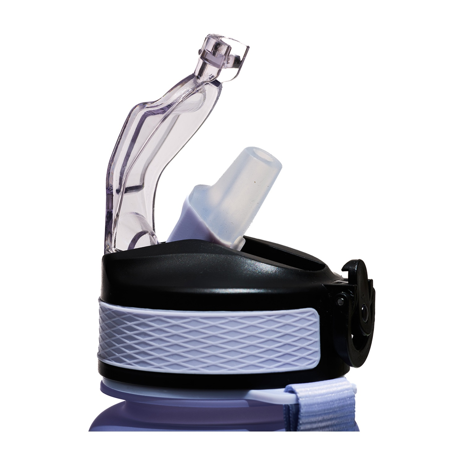 Coperchio di bottiglia d'acqua in bianco e nero con tappo in plastica trasparente aperto e beccuccio.