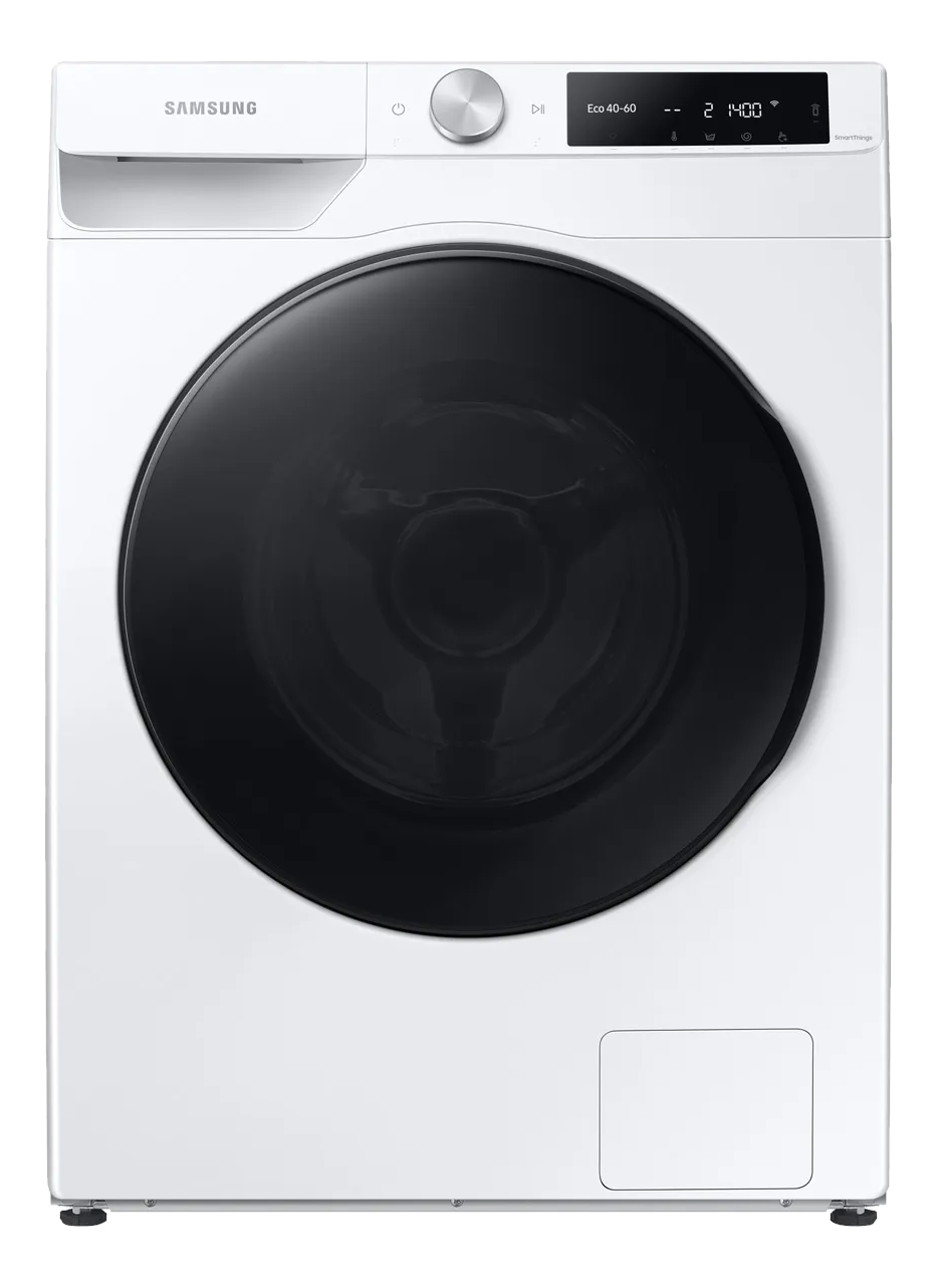 Lave-linge Samsung blanc avec une grande porte noire. Le panneau de commande est en haut.