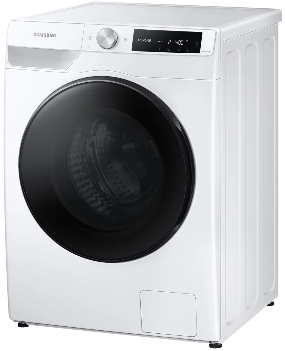 Lave-linge Samsung blanc. Porte noire, panneau de contrôle et design incurvé.
