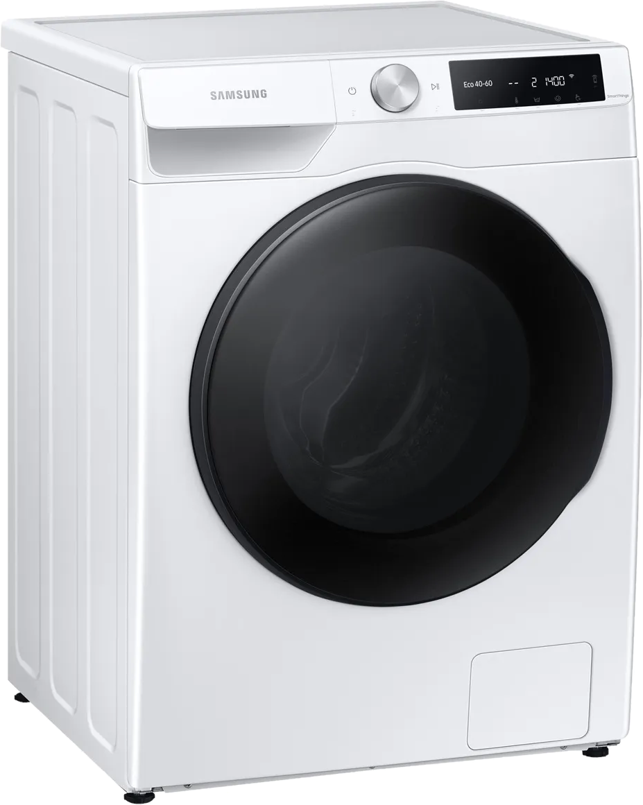 Lave-linge Samsung blanc avec porte noire, affichage numérique et panneau de commande.