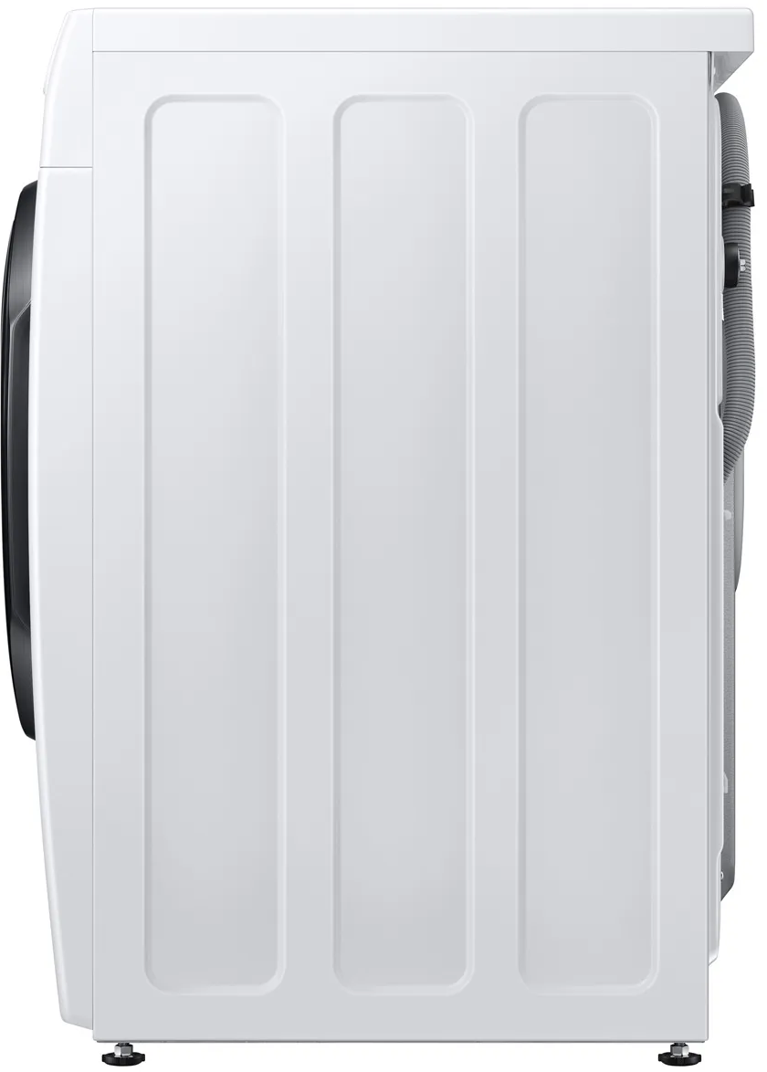Vue latérale d'un lave-linge Samsung blanc. Porte noire, fond blanc.