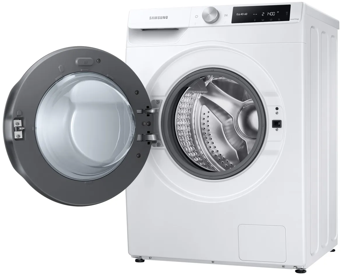 Lave-linge blanc avec la porte ouverte, montrant le tambour.