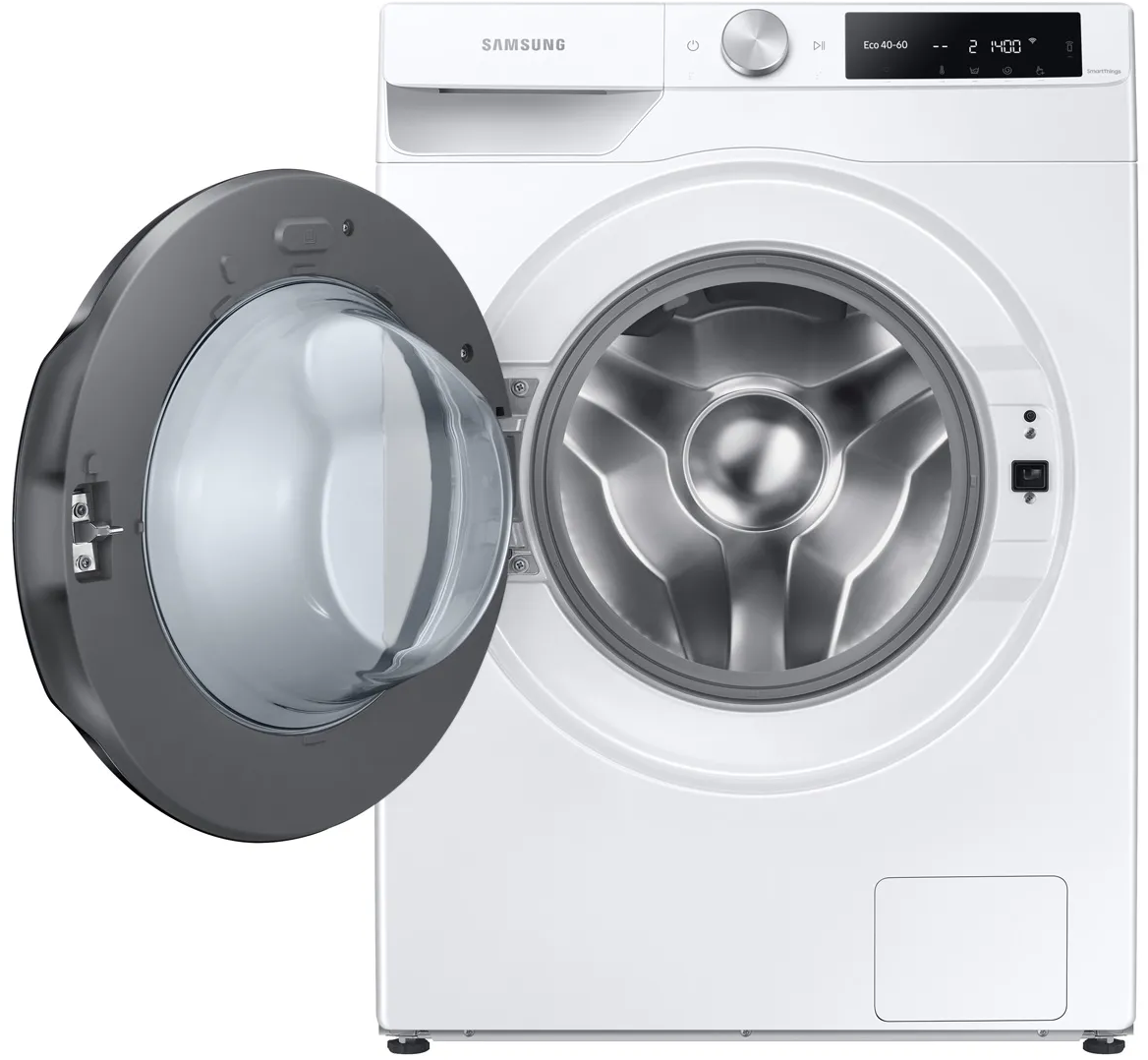 Lave-linge blanc, porte ouverte. Intérieur en acier inoxydable.