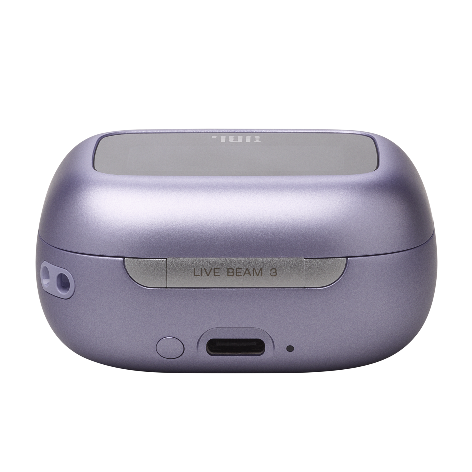 Mor JBL Live Beam 3 kulaklık şarj kutusu, kapalı. JBL logosu ve 'LIVE BEAM 3' yazısı bulunur.