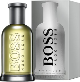 Boss Bottled parfumfles met doos, beide met het BOSS-logo.