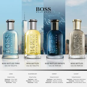 Vier Boss Hugo Boss parfumflessen met verschillende geuren en labels.