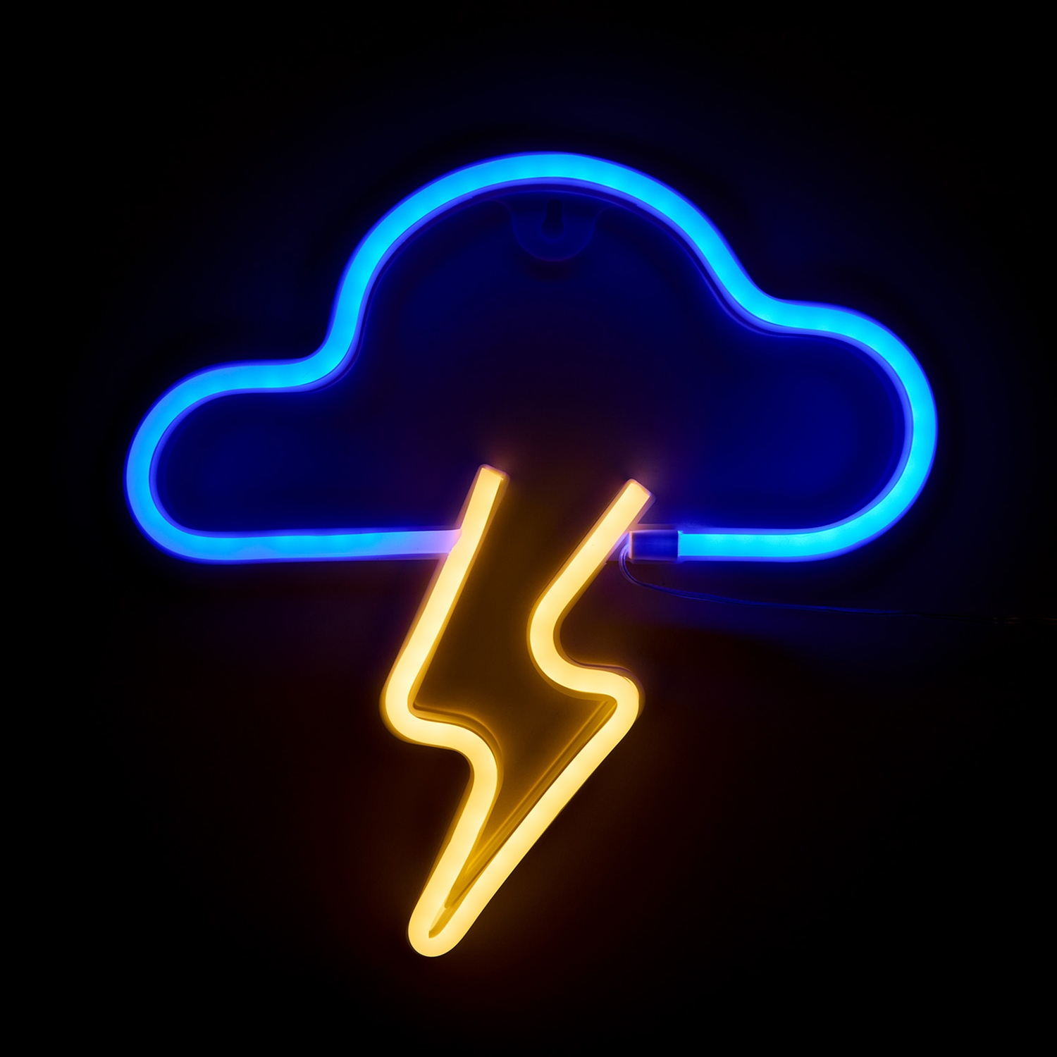 Nuvola al neon con fulmine su sfondo nero.