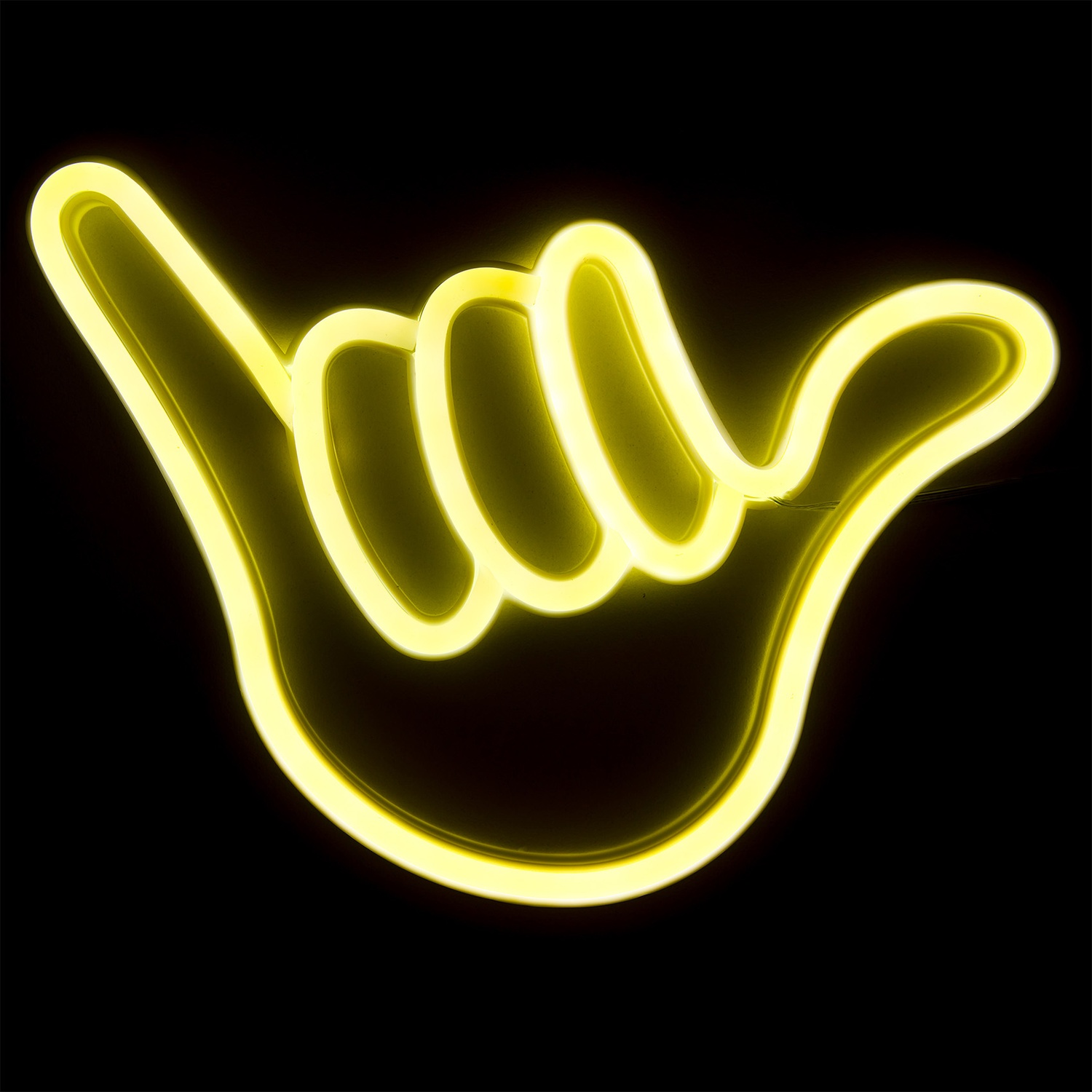 Segnale del gesto della mano giallo neon con sfondo nero.