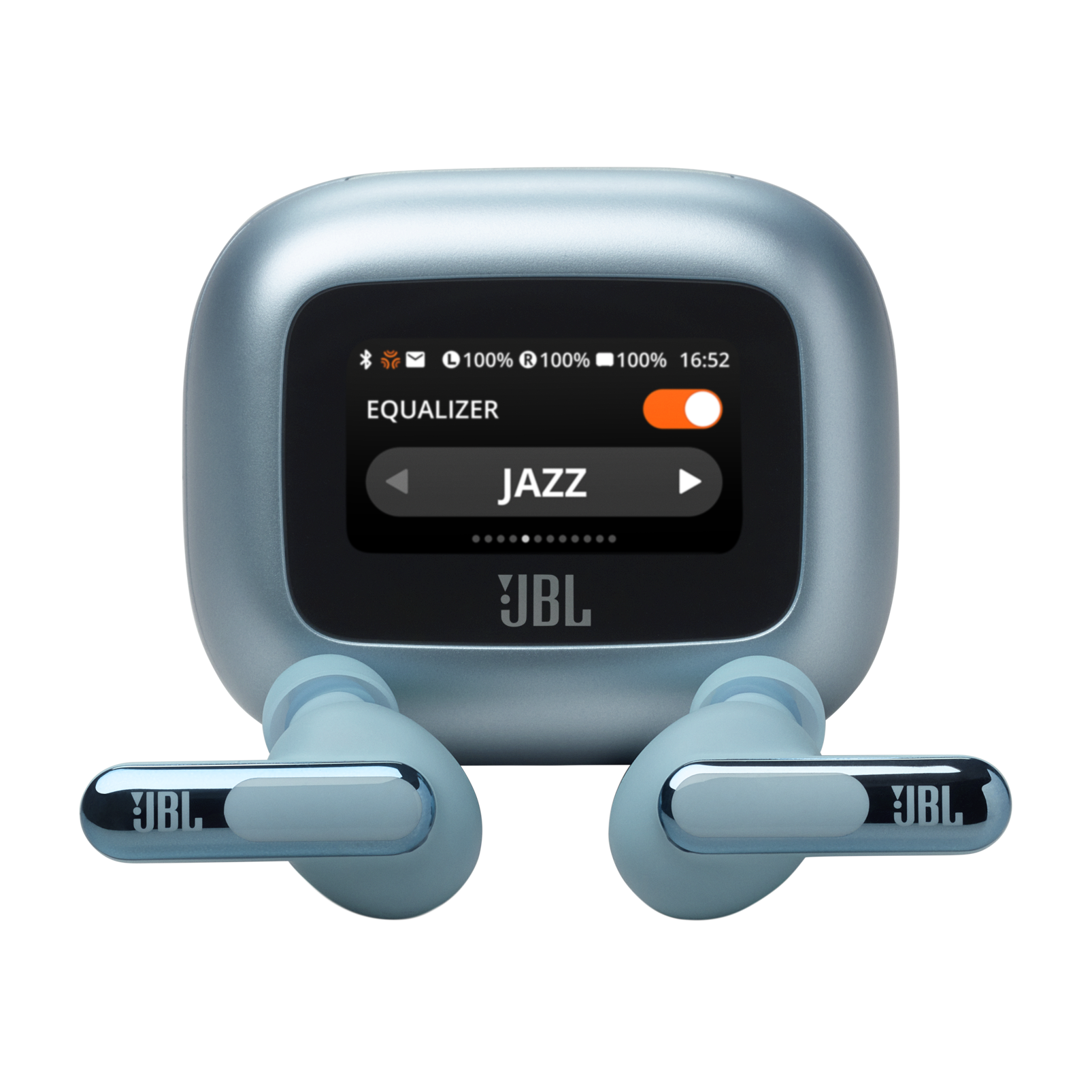 Ekranlı, Caz modunu gösteren açık mavi JBL kulaklıklar.