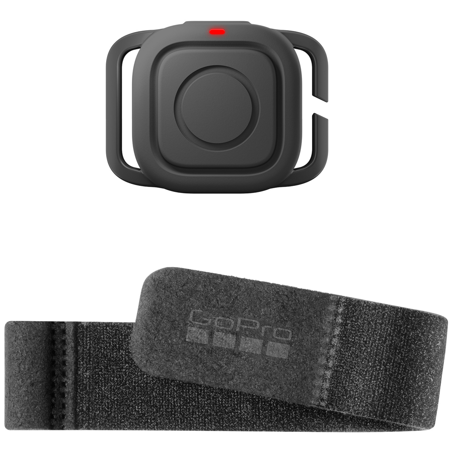 Een zwarte GoPro afstandsbediening en een zwarte klittenbandriem met het GoPro-logo erop.