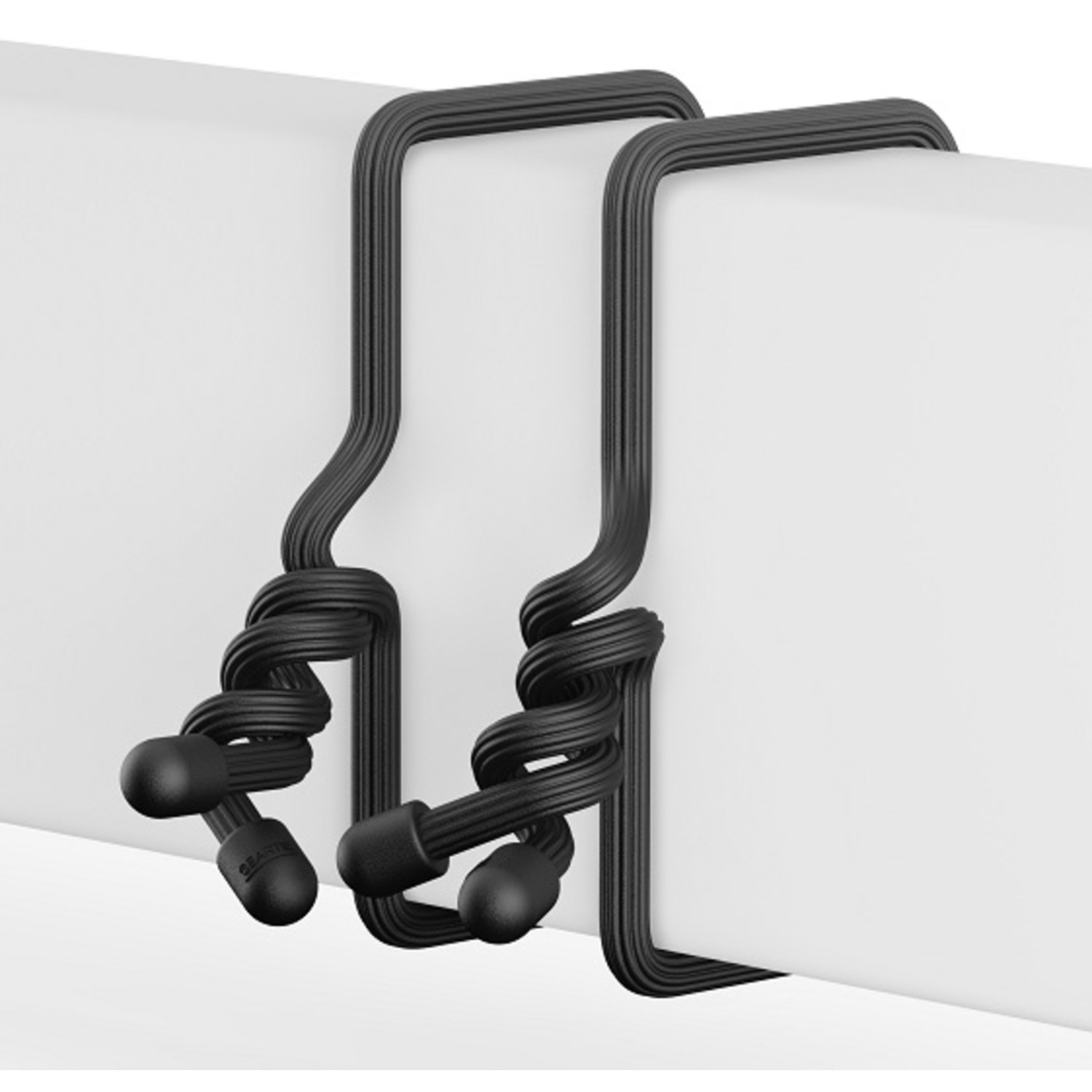 Two black cable organizers on a white background, intertwined.
