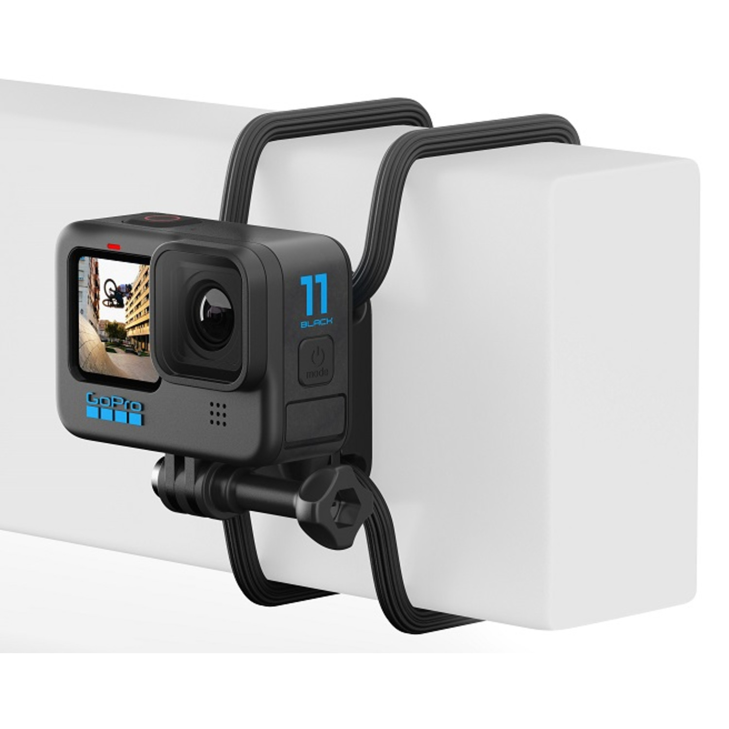 GoPro camera mounted on a white beam, with black straps.