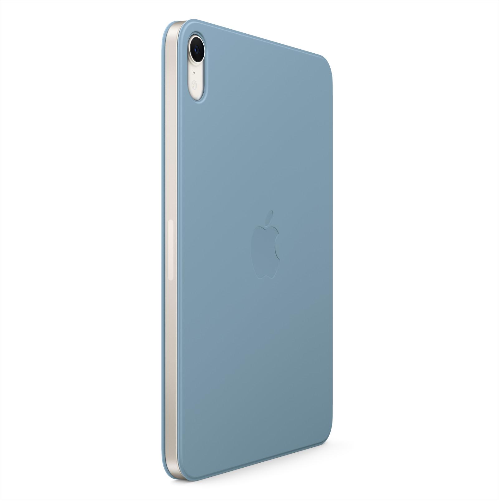 Egy kék iPad mini, oldalsó nézet, fehér háttéren, az Apple logóval.