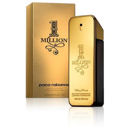 Gouden parfumfles en doos met het opschrift '1 Million'. De doos is goud.