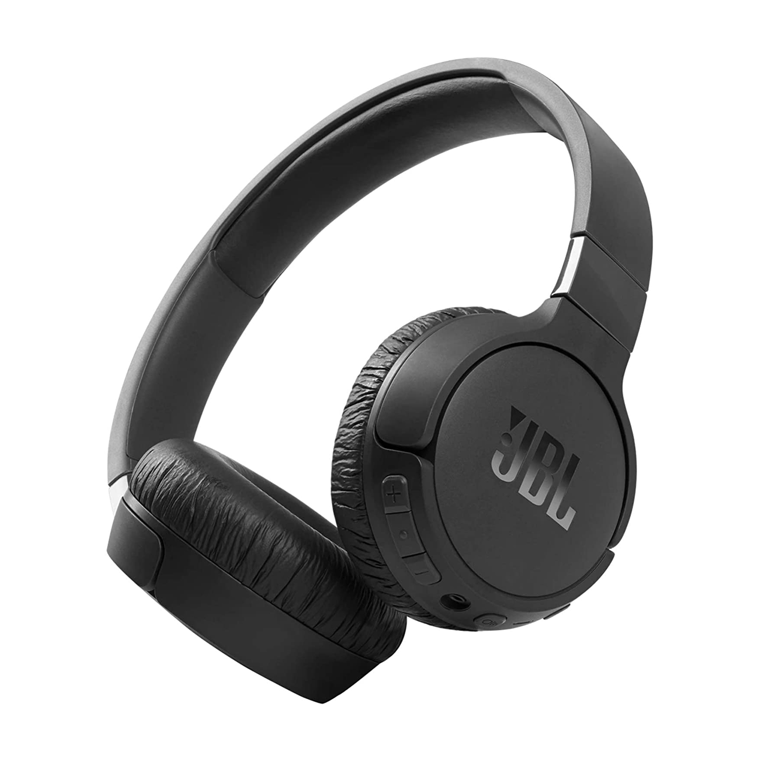 Cuffie JBL nere posizionate su una superficie bianca, che mostrano il logo JBL.