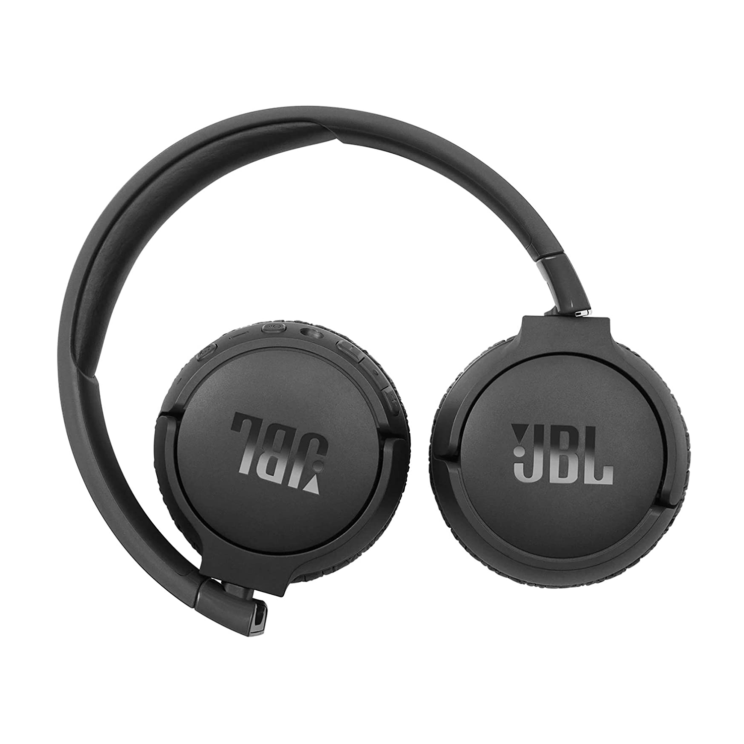 Cuffie JBL nere. Logo JBL su entrambi i padiglioni. Design pieghevole. Sfondo nero.
