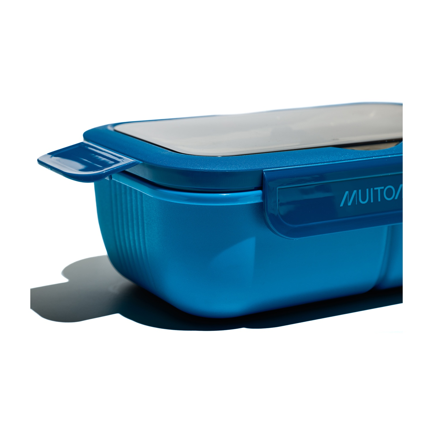 Primo piano di una scatola per il pranzo blu con coperchio bianco e chiusura blu.